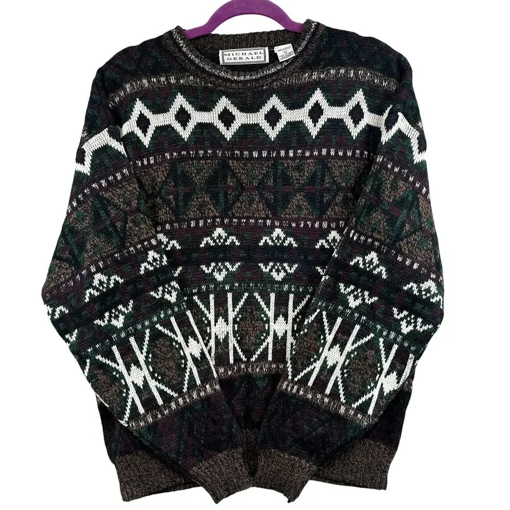 VTG 90s Sweater L Grandpa Jumper Chunky Kurt Cobain Barnaby Grunge Abstract Busy